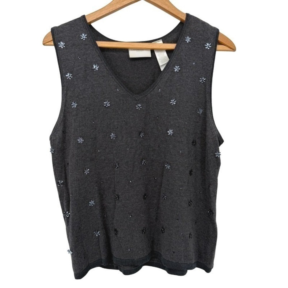 Liz Claiborne Sleeveless Sweater Vest‎ Floral Beaded Sequin V-Neck Sz LG